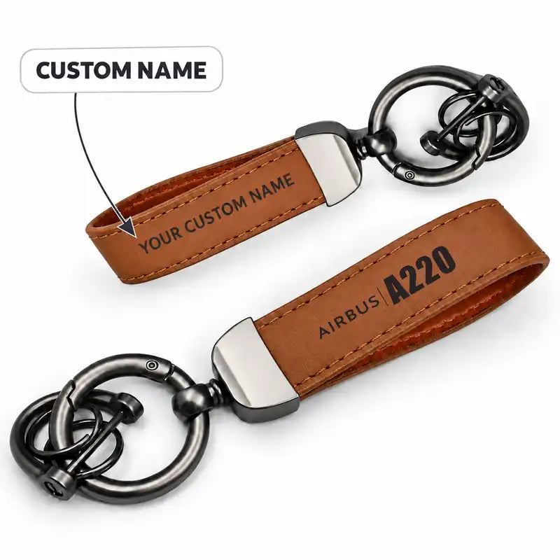 Airbus A220-100 - Leather Key Chain - Horseshoe Buckle - Tag - Camel + Name