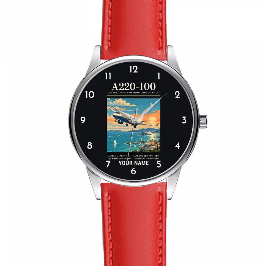 Airbus A220-100 - Poster + Name - Leather Strap - Red Leather Strap