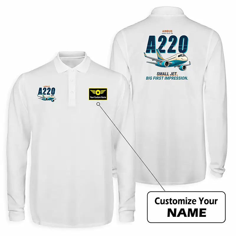Airbus A220-100 Premium Polo T-Shirts - Cartoon + Name - Long Sleeve - White