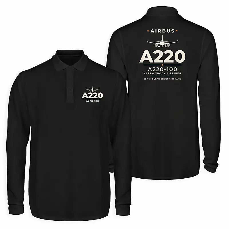 Airbus A220-100 Premium Polo T-Shirts - Heritage - Long Sleeve - Black