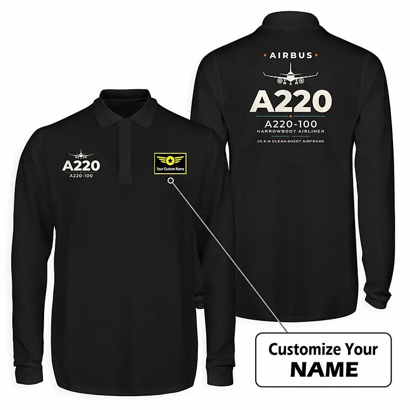 Airbus A220-100 Premium Polo T-Shirts - Heritage + Name - Long Sleeve - Black