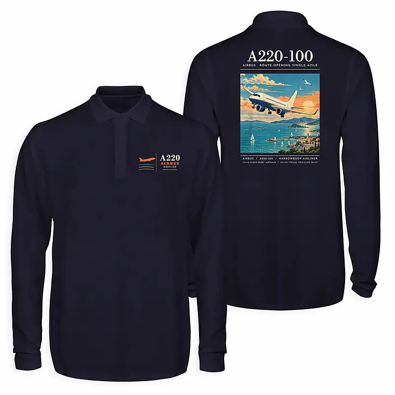 Airbus A220-100 Premium Polo T-Shirts - Poster - Long Sleeve - Dark Blue