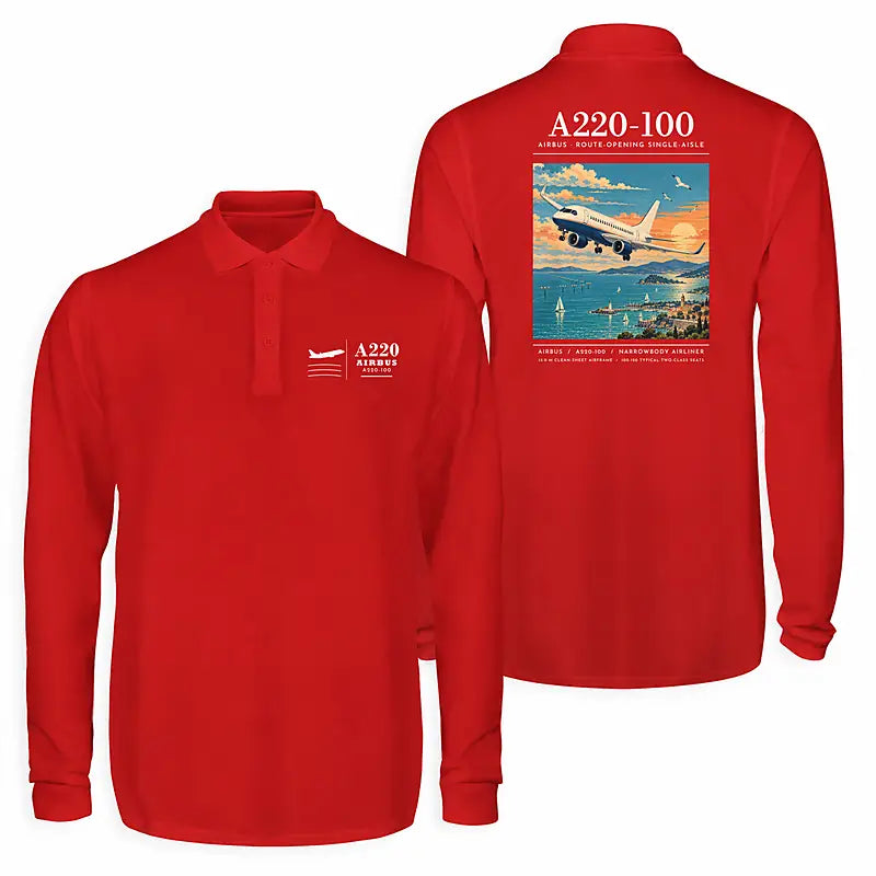 Airbus A220-100 Premium Polo T-Shirts - Poster - Long Sleeve - Red