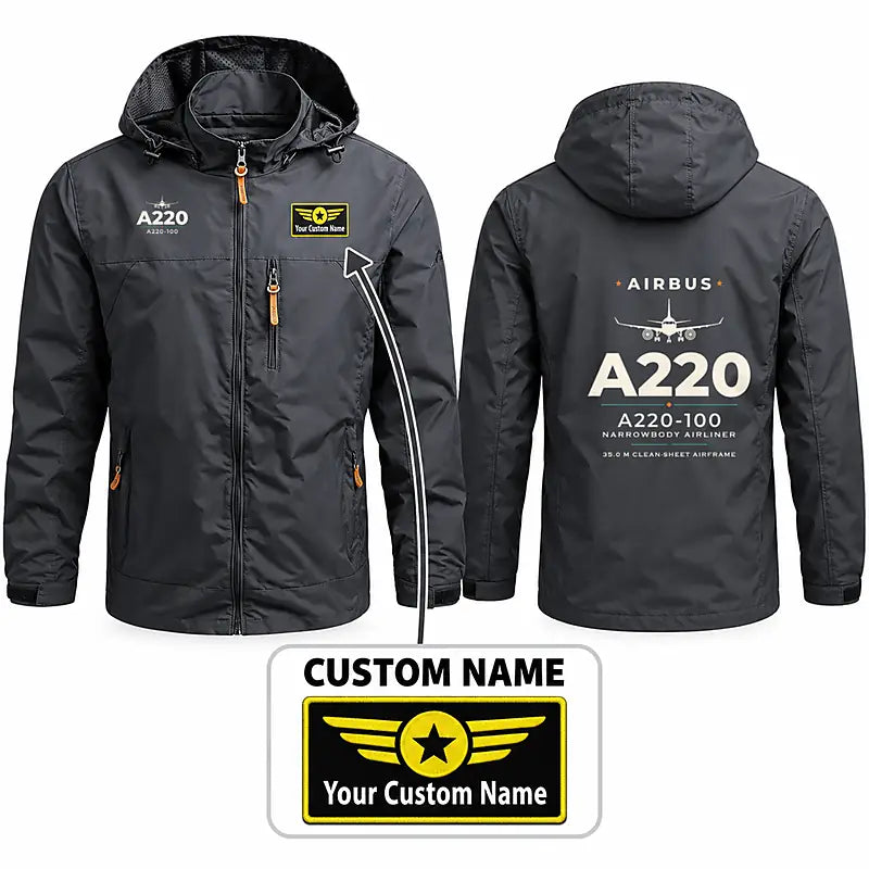 Airbus A220-100 Stylish Jackets - Hooded Windbreaker - Heritage + Name - Charcoal