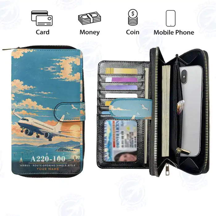 Airbus A220-100 Leather Wallets - Zip Long Wallet - 3D + Name