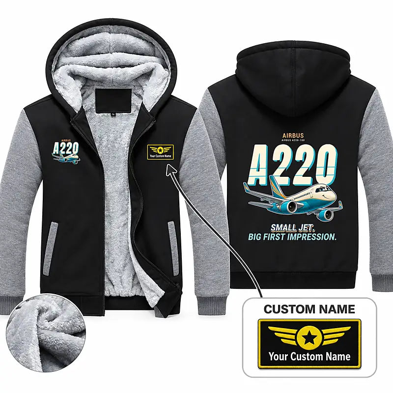 Airbus A220-100 Zipped Sweatshirts - Cartoon + Name - Black & Gray