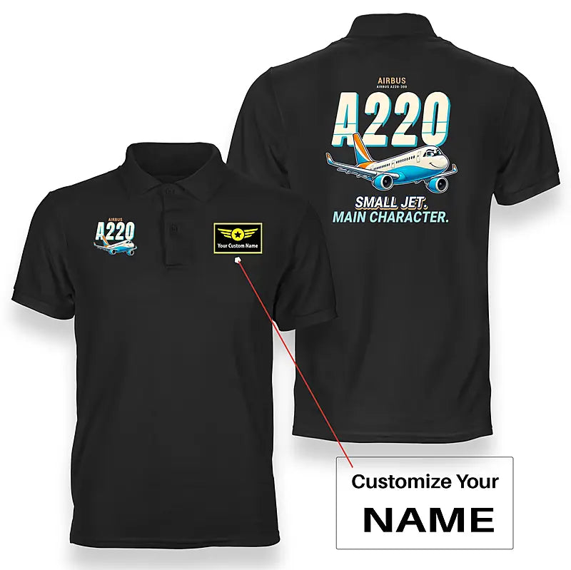 Airbus A220-300 - Cartoon - Double-Side Polo - Black + Name