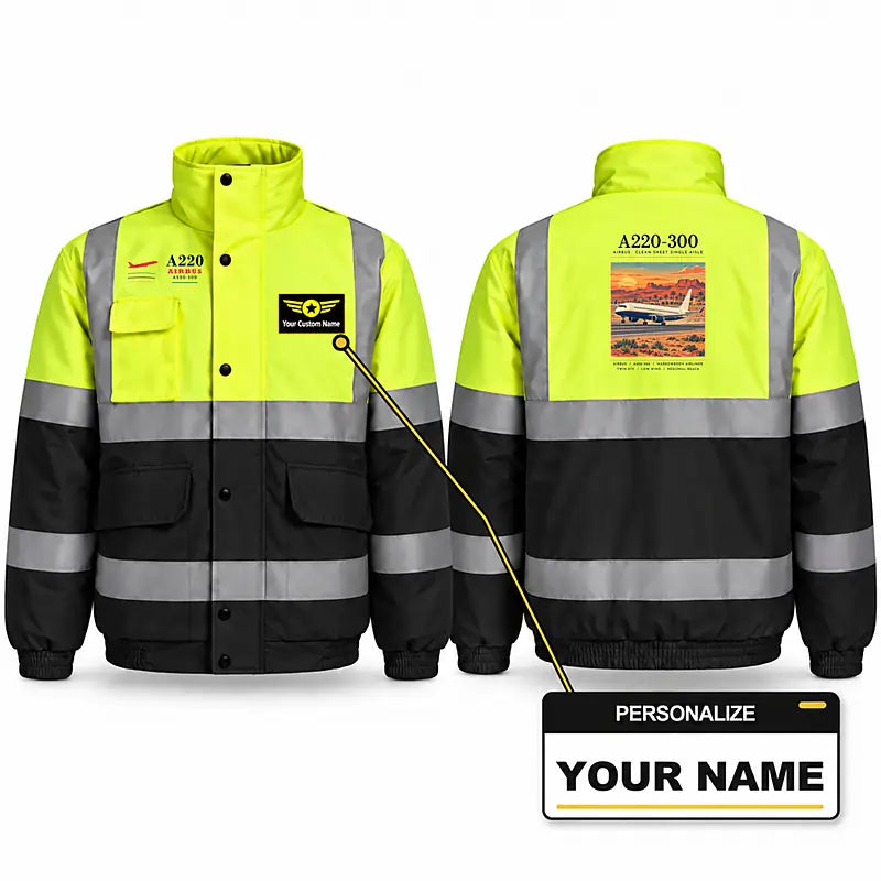 Airbus A220-300 Reflective Winter Jackets - Poster + Name - Fluorescent Yellow & Navy