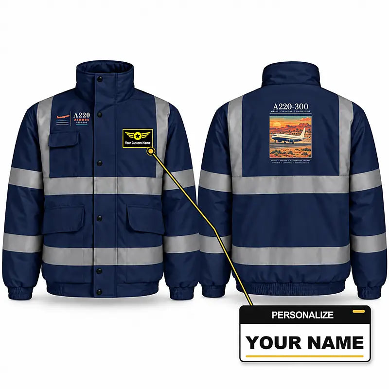 Airbus A220-300 Reflective Winter Jackets - Poster + Name - Navy Blue
