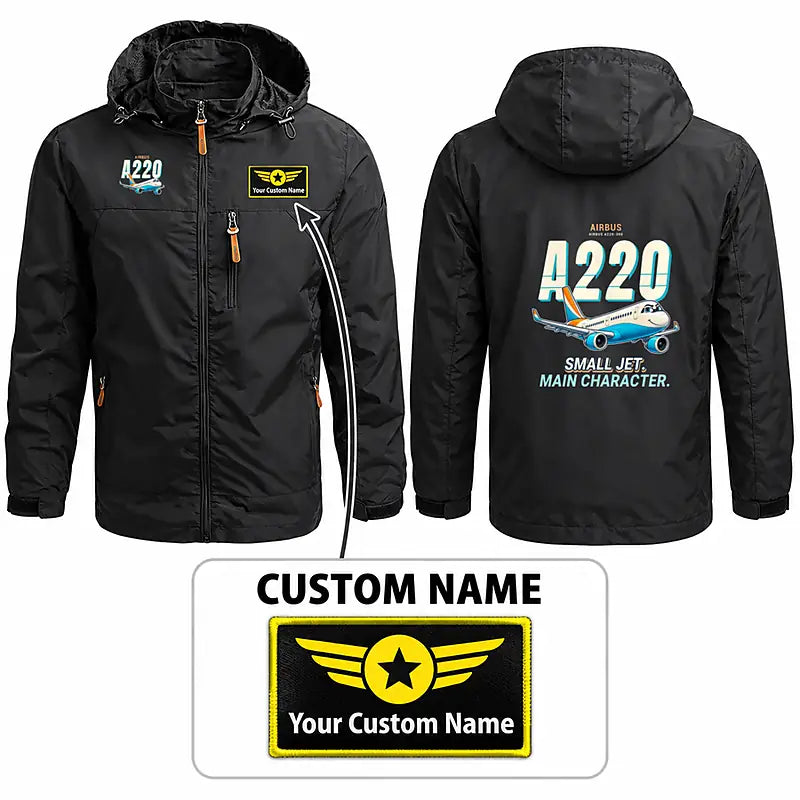 Airbus A220-300 Stylish Jackets - Hooded Windbreaker - Cartoon + Name - Black