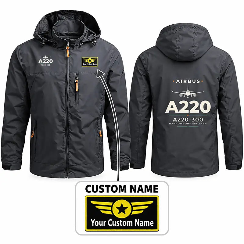 Airbus A220-300 Stylish Jackets - Hooded Windbreaker - Heritage + Name - Charcoal