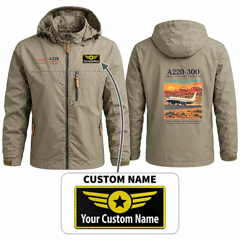Airbus A220-300 Stylish Jackets - Hooded Windbreaker - Poster + Name - Khaki