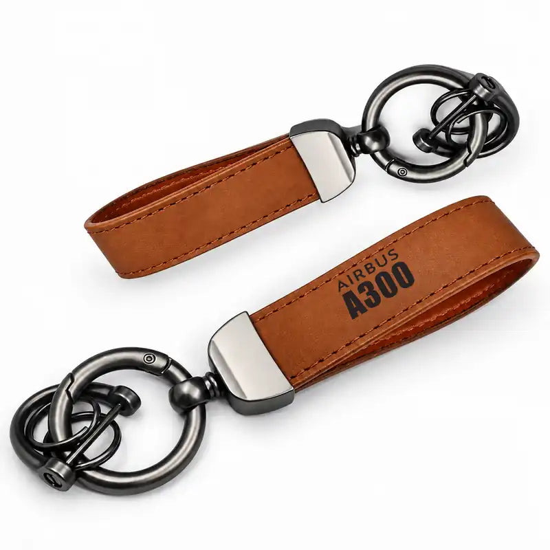 Airbus A300-600F - Leather Key Chain - Horseshoe Buckle - Tag - Camel