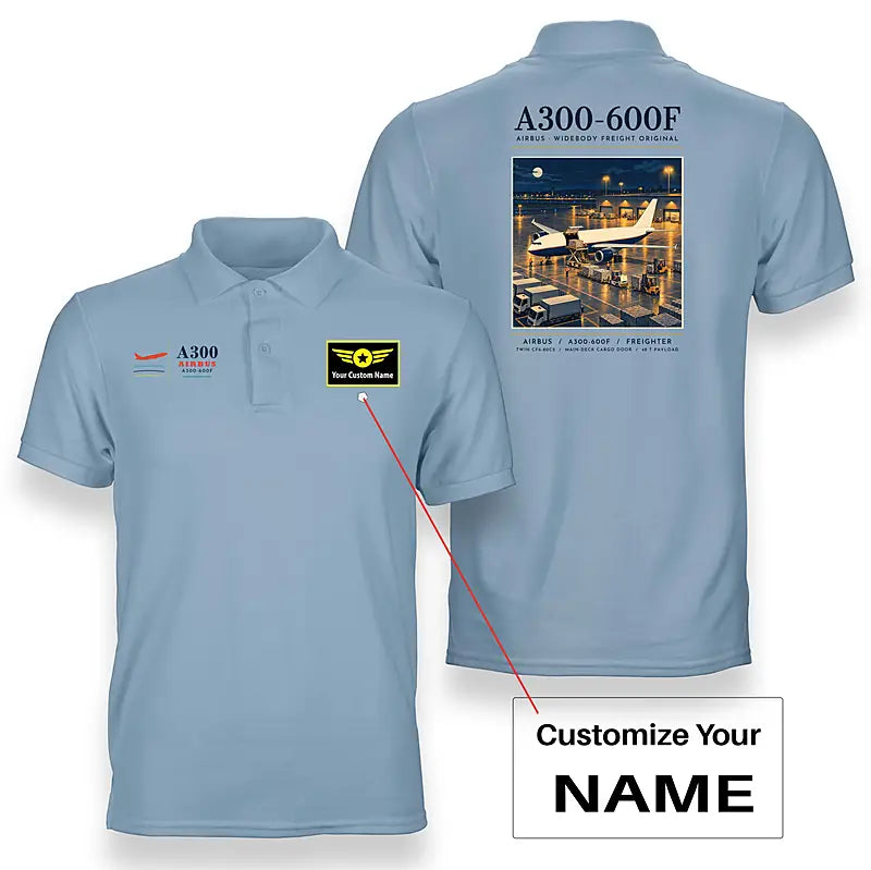 Airbus A300-600F - Poster - Double-Side Polo - Light Blue + Name