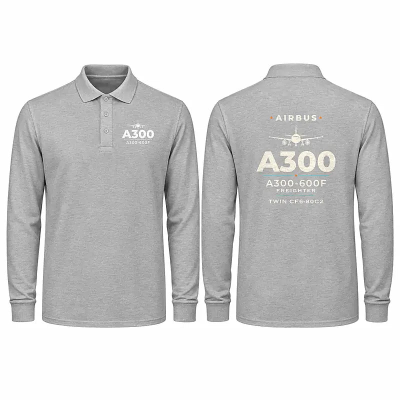 Airbus A300-600F Premium Polo T-Shirts - Heritage - Long Sleeve - Gray
