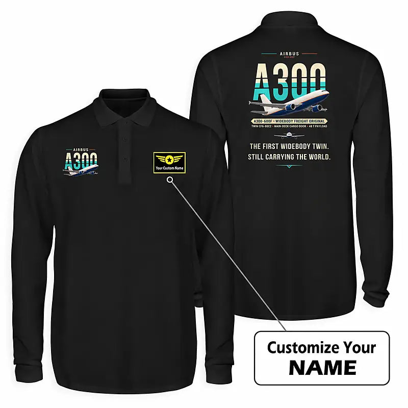 Airbus A300-600F Premium Polo T-Shirts - Original + Name - Long Sleeve - Black