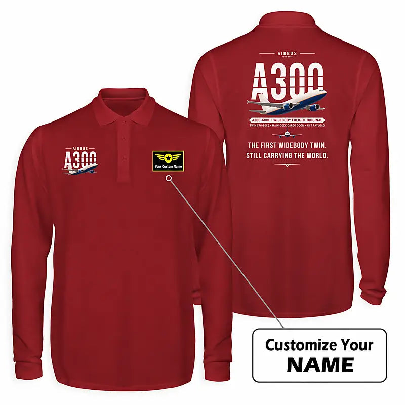 Airbus A300-600F Premium Polo T-Shirts - Original + Name - Long Sleeve - Dark Red