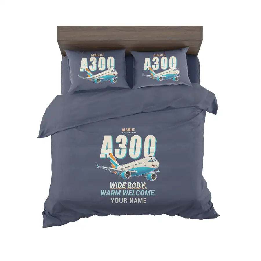 Airbus A300-600R - Cartoon + Name - Bedding Set - Navy Blue