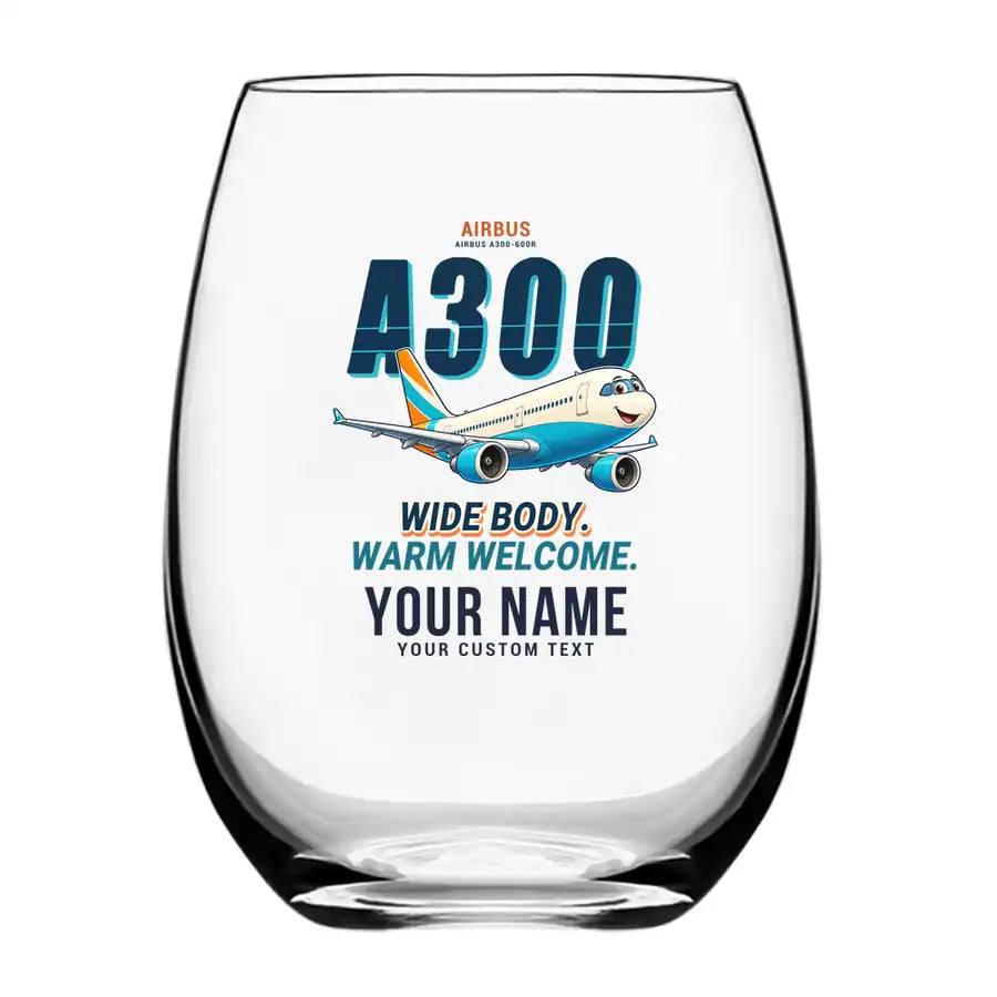 Airbus A300-600R - Cartoon + Name - Water & Drink Glass