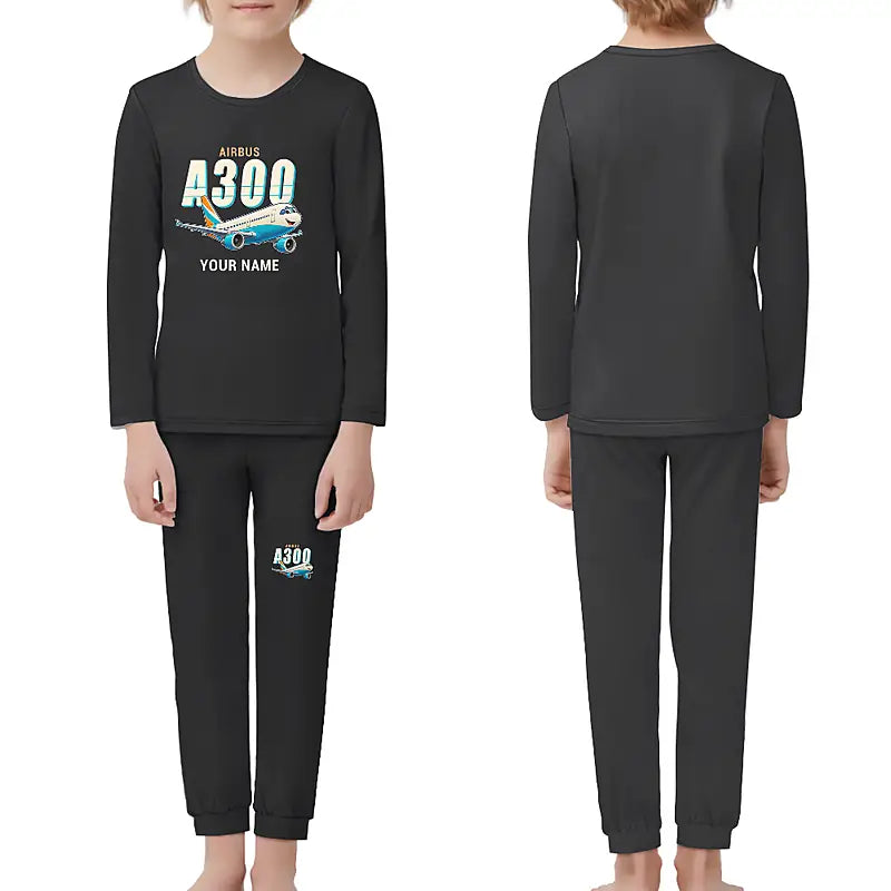 Airbus A300-600R - Children Pajamas - Cartoon Chest + Name - Black