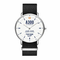 Thumbnail for Airbus A300-600R - Classic - White + Name - Slim Leather - Silver and Black Nylon Strap