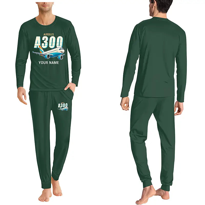 Airbus A300-600R - Men Pajamas - Cartoon Chest + Name - Dark Green