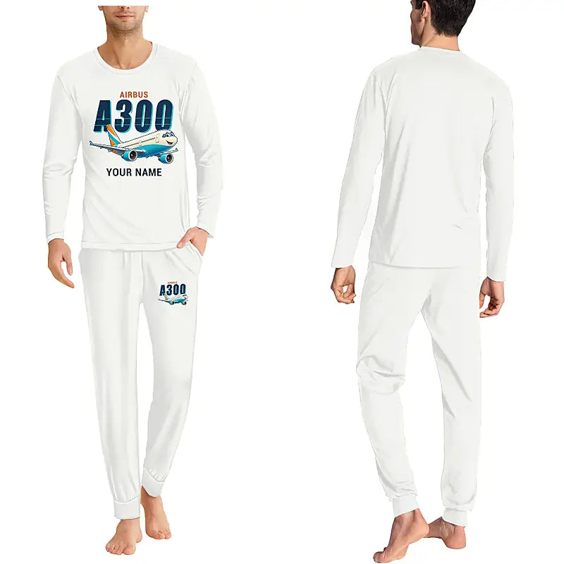 Airbus A300-600R - Men Pajamas - Cartoon Chest + Name - White