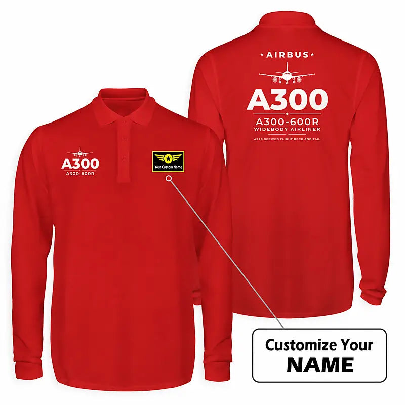 Airbus A300-600R Premium Polo T-Shirts - Heritage + Name - Long Sleeve - Red
