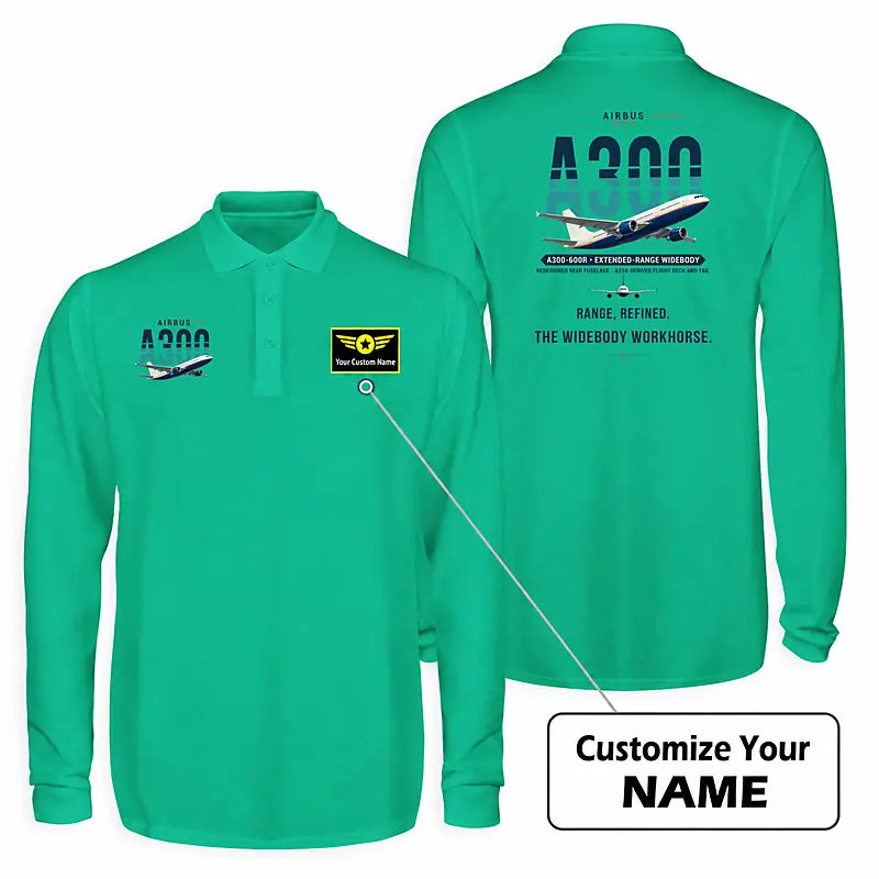 Airbus A300-600R Premium Polo T-Shirts - Original + Name - Long Sleeve - Green
