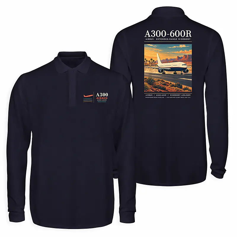 Airbus A300-600R Premium Polo T-Shirts - Poster - Long Sleeve - Dark Blue