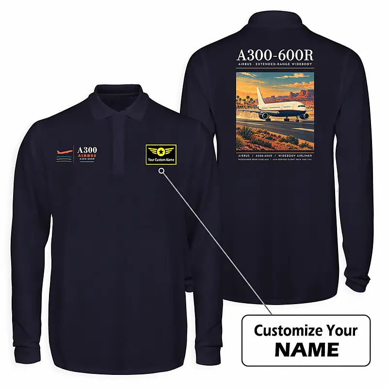 Airbus A300-600R Premium Polo T-Shirts - Poster + Name - Long Sleeve - Dark Blue