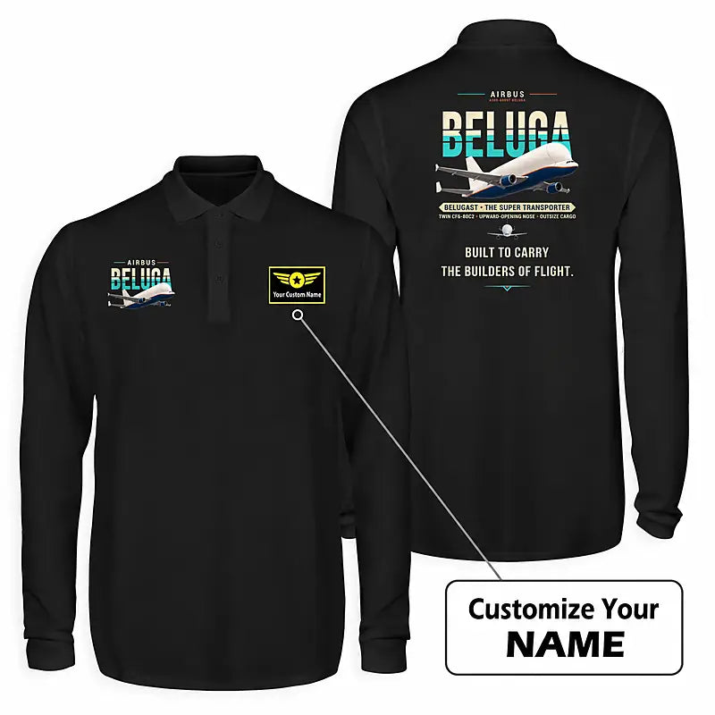 Airbus A300-600ST BelugaST Premium Polo T-Shirts - Original + Name - Long Sleeve - Black