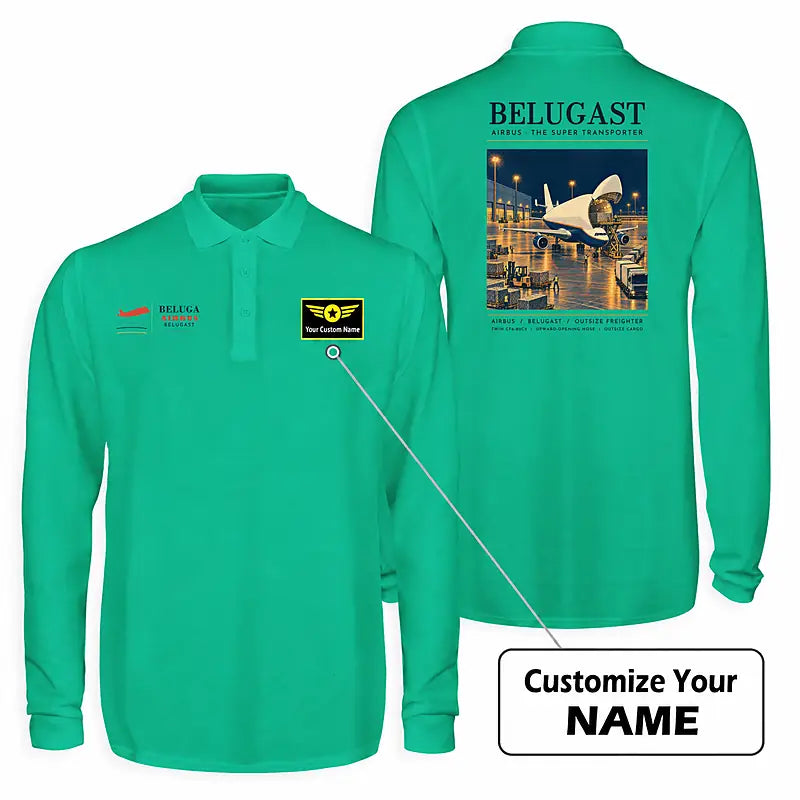 Airbus A300-600ST BelugaST Premium Polo T-Shirts - Poster + Name - Long Sleeve - Green