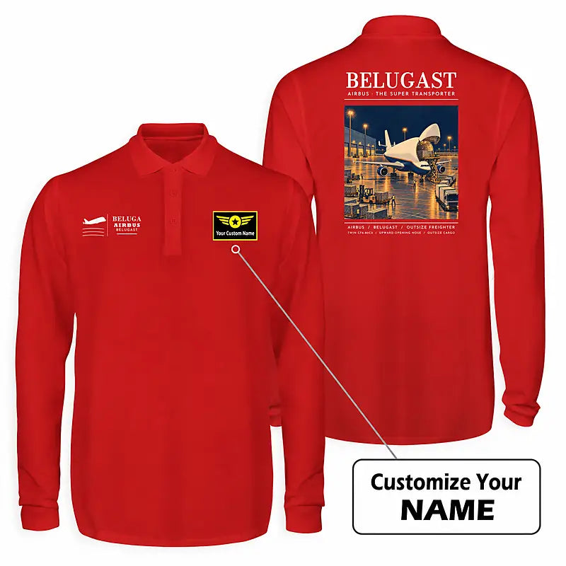 Airbus A300-600ST BelugaST Premium Polo T-Shirts - Poster + Name - Long Sleeve - Red