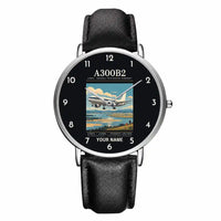 Thumbnail for Airbus A300B2 - Poster + Name - Slim Leather - Silver and Black Leather Strap