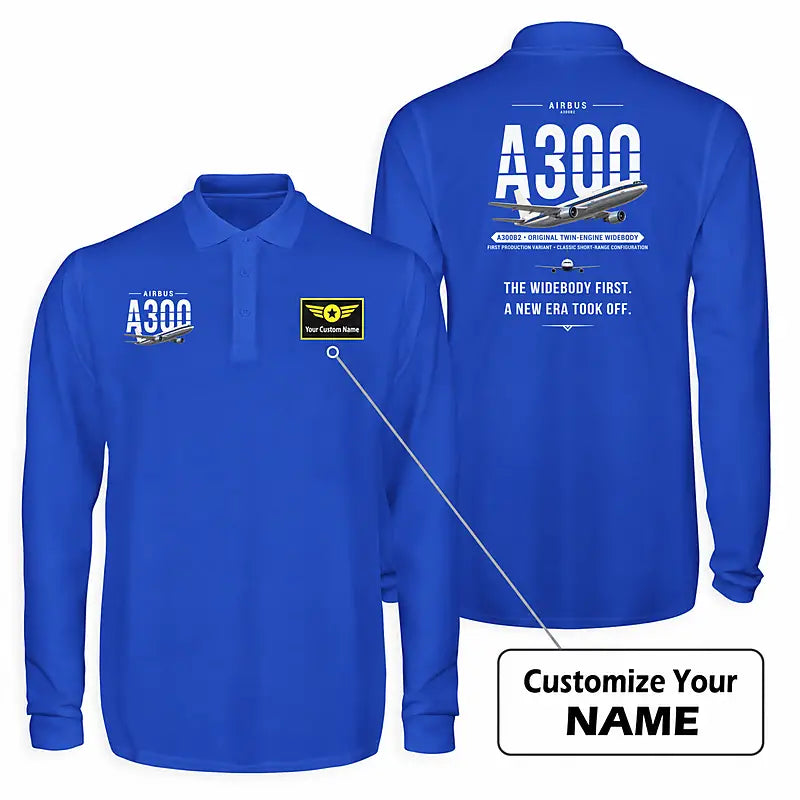 Airbus A300B2 Premium Polo T-Shirts - Original + Name - Long Sleeve - Blue