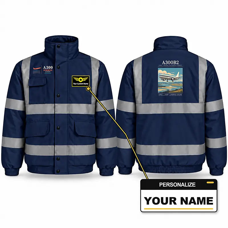 Airbus A300B2 Reflective Winter Jackets - Poster + Name - Navy Blue