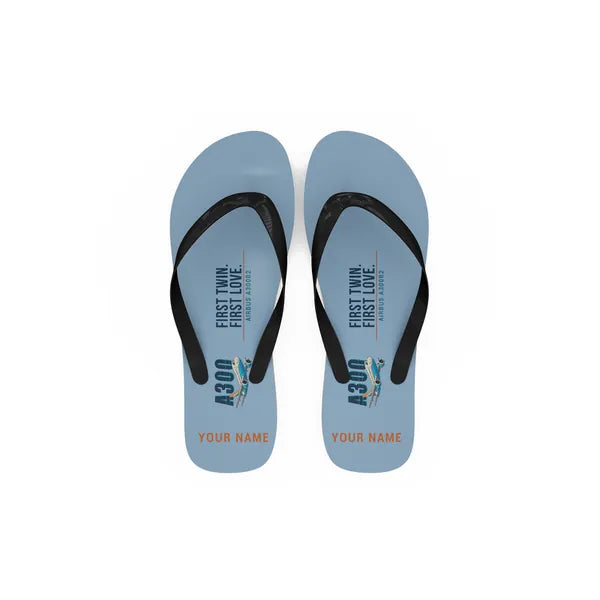 Airbus A300B2 - Slippers - Flip Flops - Cartoon + Name - Light Blue