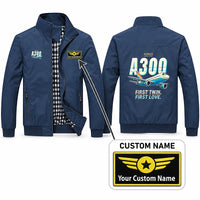 Thumbnail for Airbus A300B2 Stylish Jackets - Stand Collar - Cartoon + Name - Navy Blue