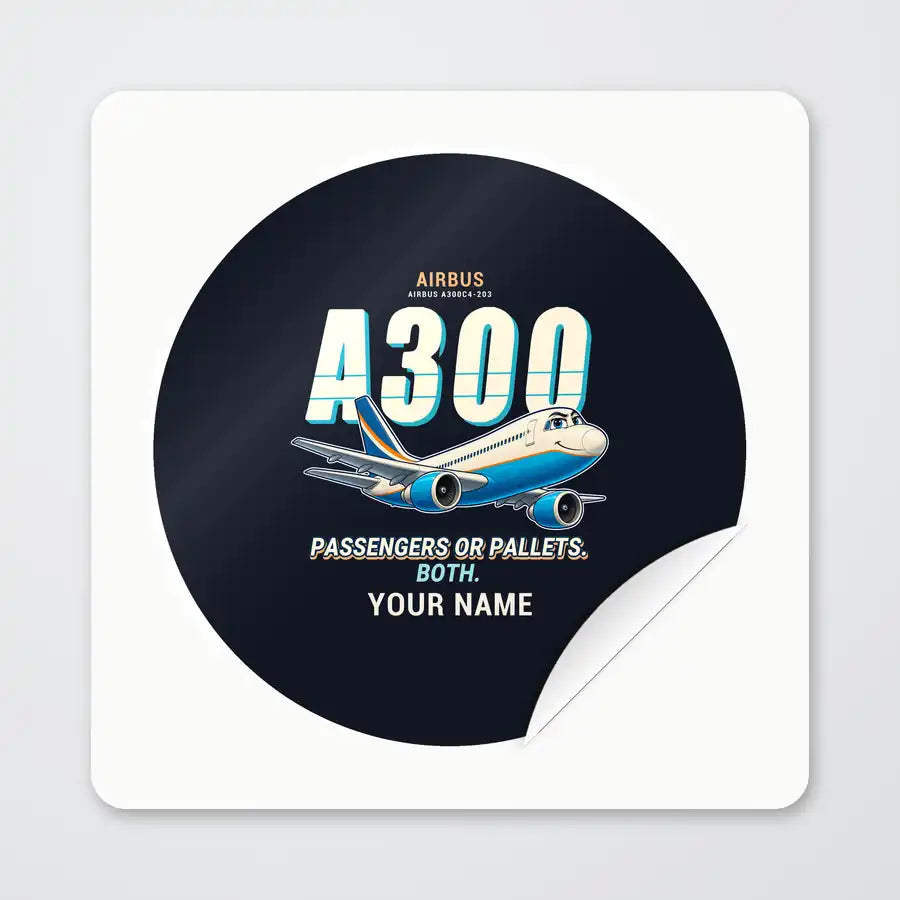 Airbus A300C4-203 - Cartoon + Name - Circle Sticker - Peel