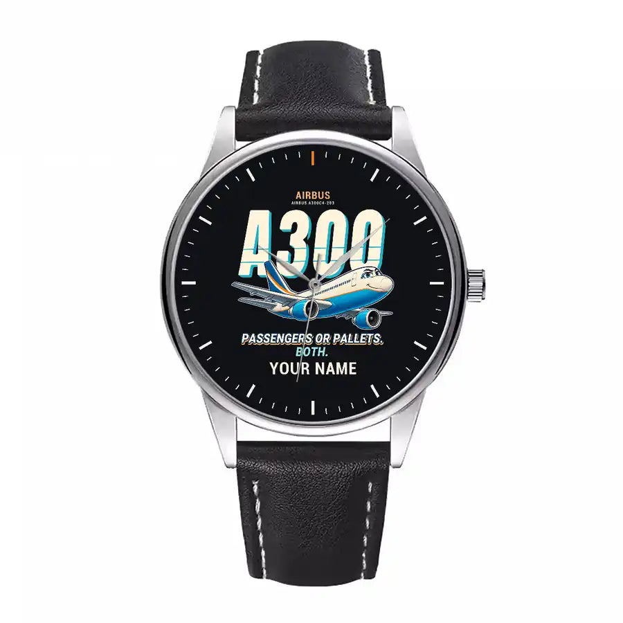 Airbus A300C4-203 - Cartoon + Name - Leather Strap - Black Leather Strap