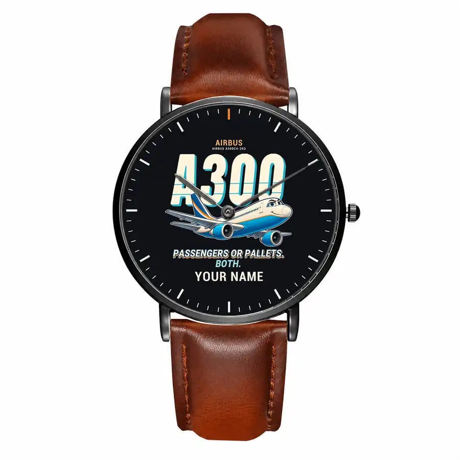 Airbus A300C4-203 - Cartoon + Name - Slim Leather - Black and Brown Leather Strap