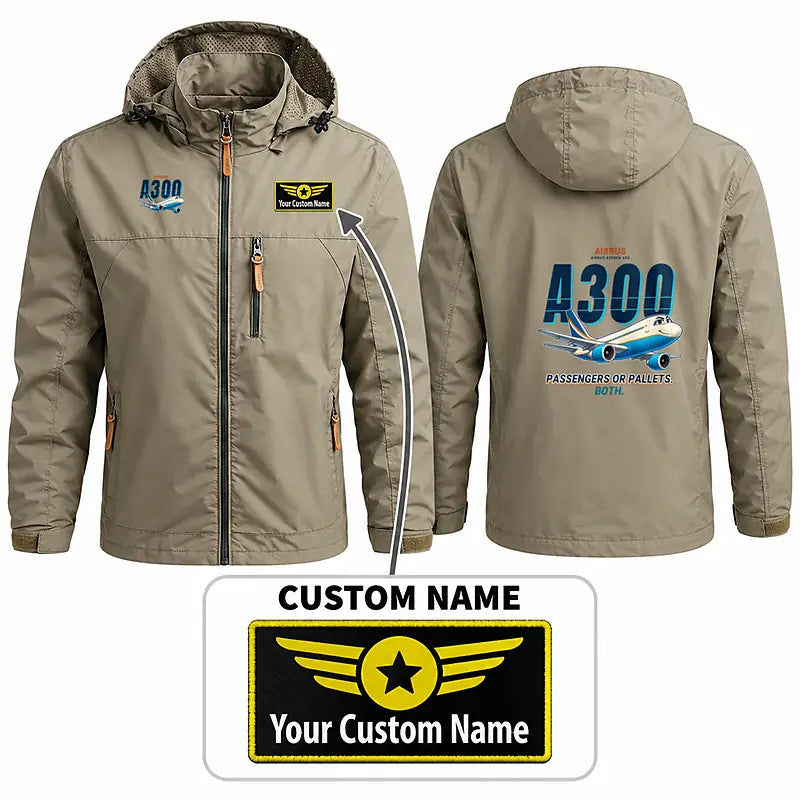 Airbus A300C4-203 Stylish Jackets - Hooded Windbreaker - Cartoon + Name - Khaki