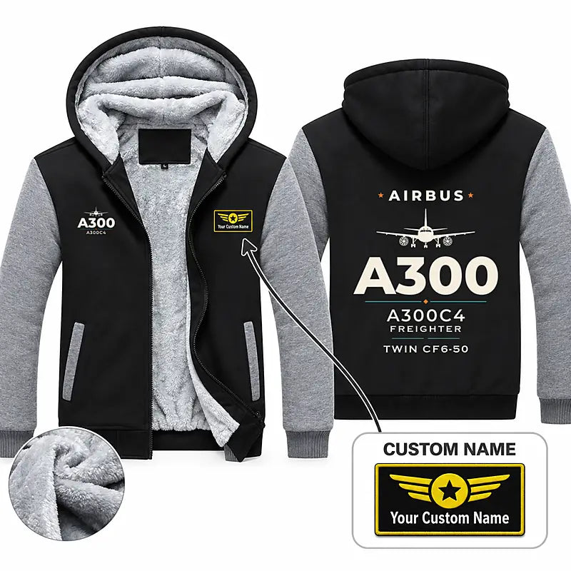 Airbus A300C4-203 Zipped Sweatshirts - Heritage + Name - Black & Gray
