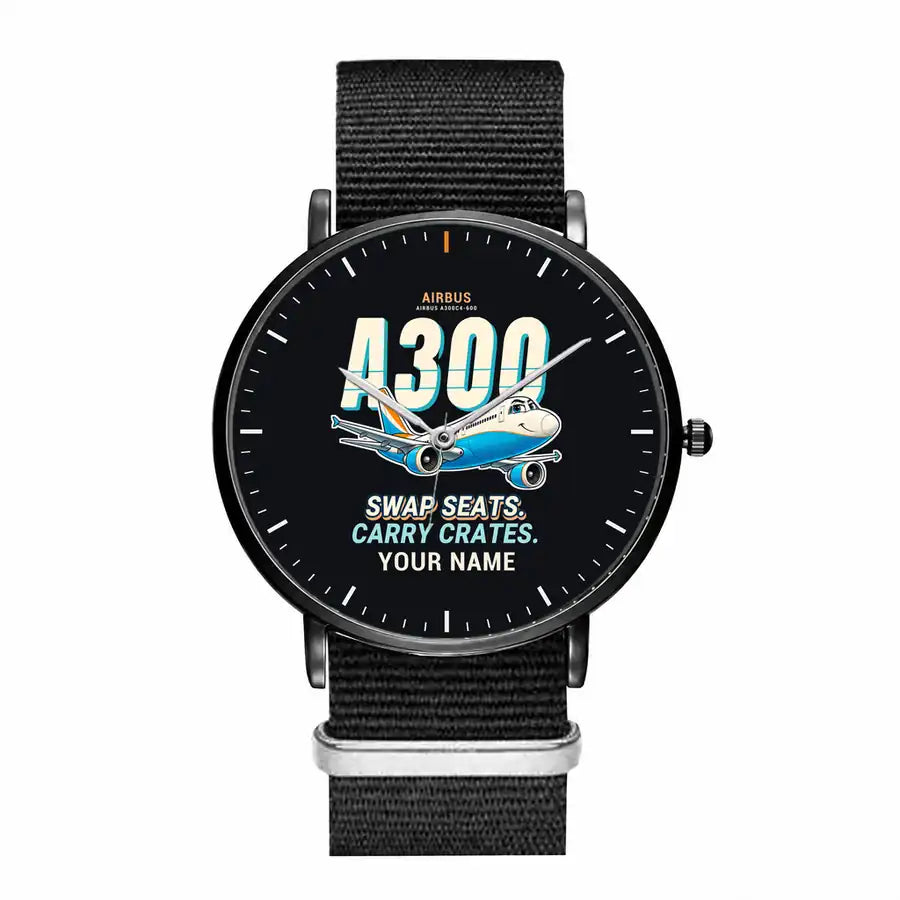 Airbus A300C4-600 - Cartoon + Name - Slim Leather - Black and Black Nylon Strap