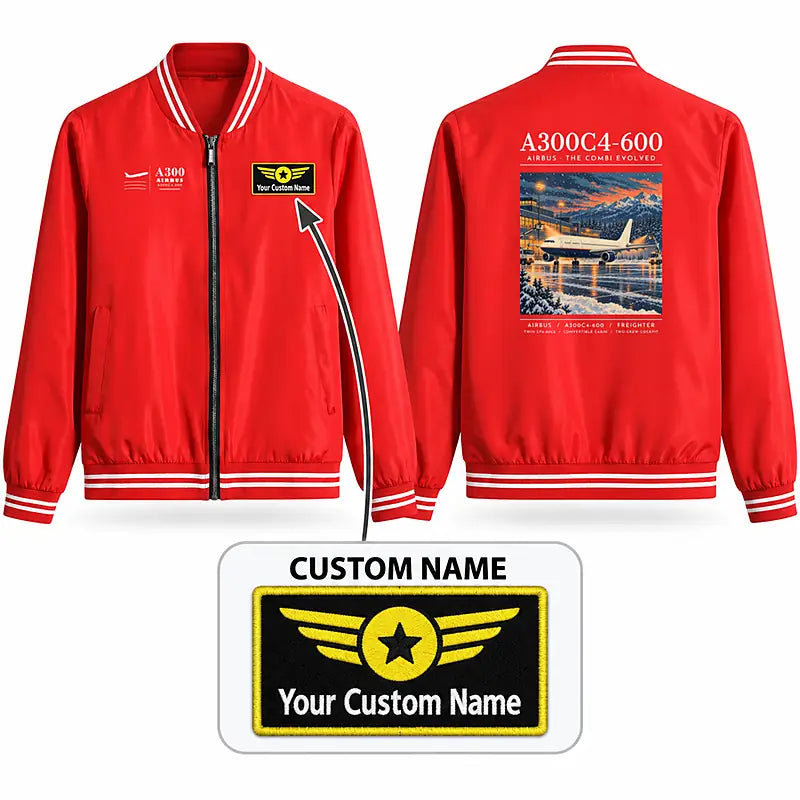 Airbus A300C4-600 Stylish Jackets - Baseball Collar - Poster + Name - Red