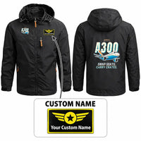 Thumbnail for Airbus A300C4-600 Stylish Jackets - Hooded Windbreaker - Cartoon + Name - Black