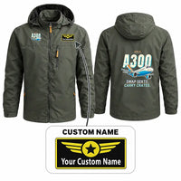 Thumbnail for Airbus A300C4-600 Stylish Jackets - Hooded Windbreaker - Cartoon + Name - Olive Green