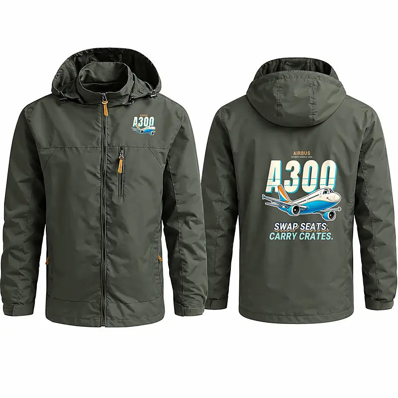 Airbus A300C4-600 Stylish Jackets - Hooded Windbreaker - Cartoon - Olive Green