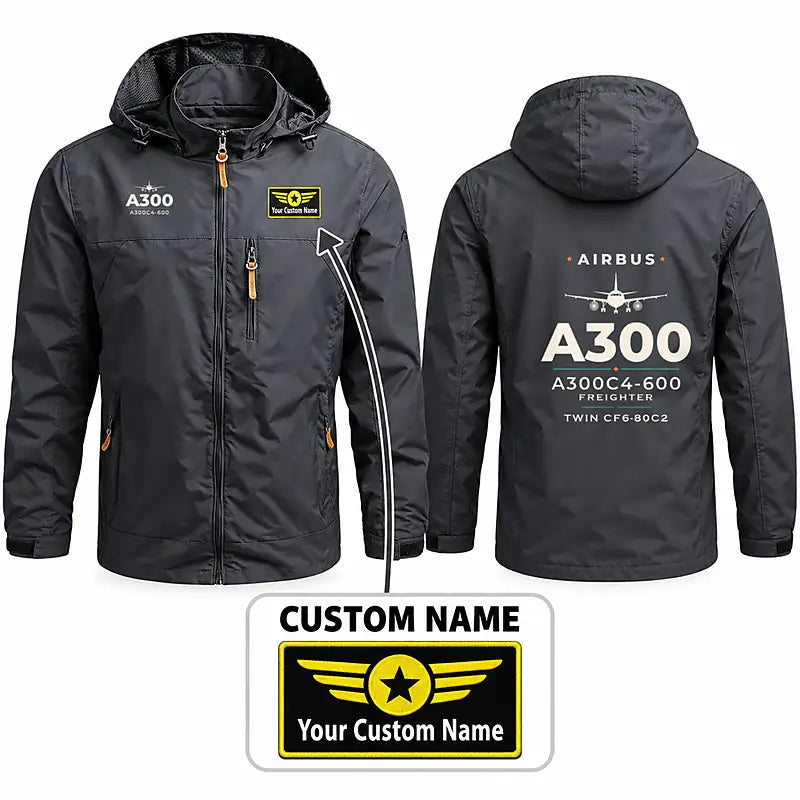 Airbus A300C4-600 Stylish Jackets - Hooded Windbreaker - Heritage + Name - Charcoal